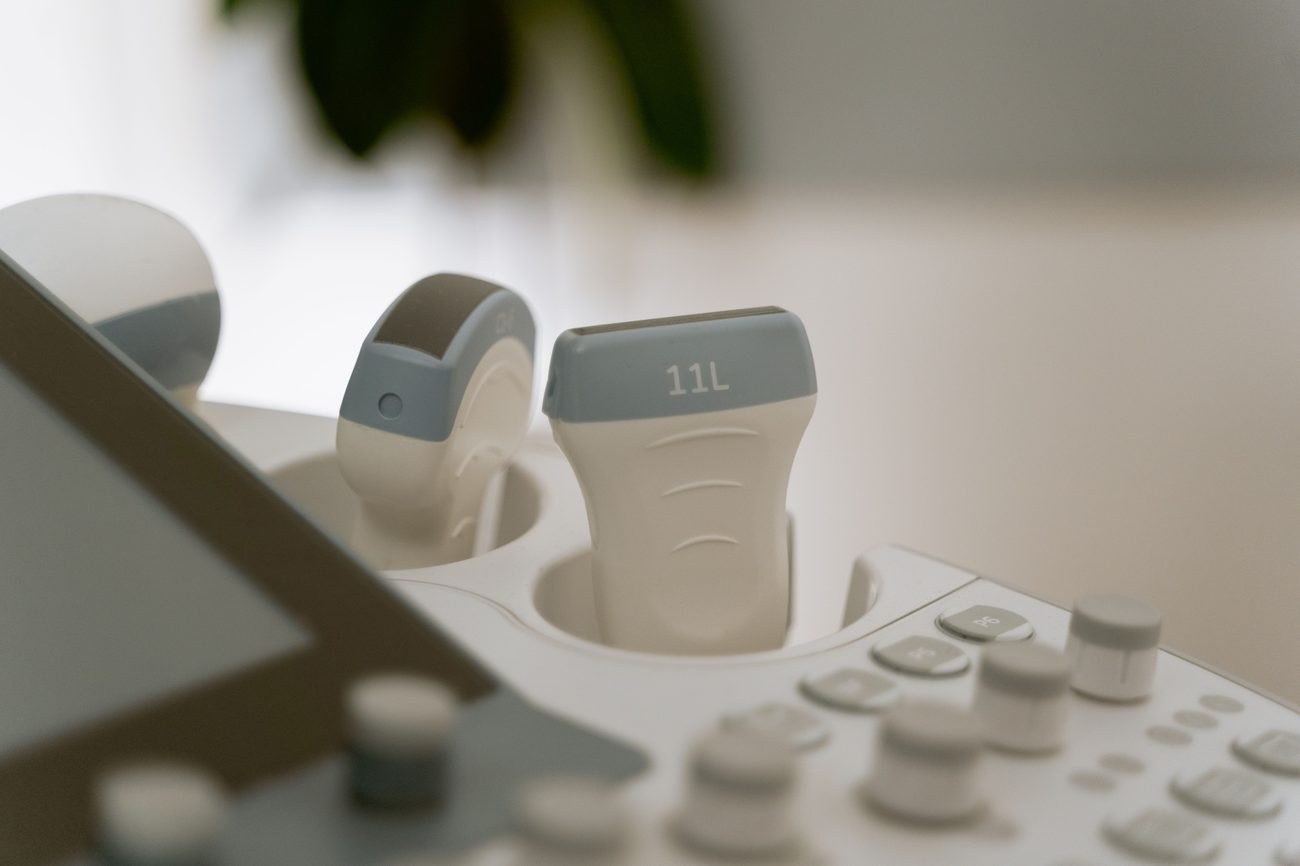 Close up of ultrasound transducer probes on the imaging console